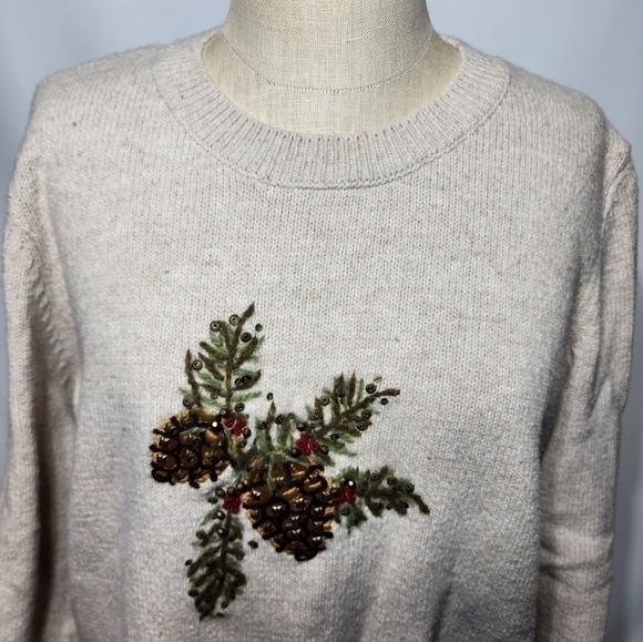 Orvis Women's‎ Wool Blend Beige Embroidered Pine Cone Crew Neck Sweater Medium - Picture 13 of 13